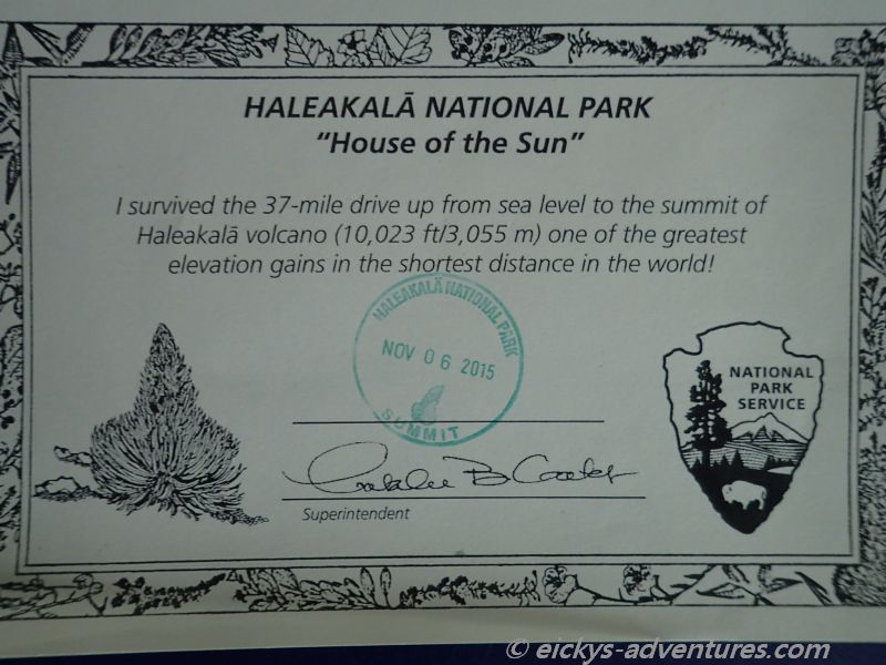Urkunde vom Haleakala Urkunde vom Haleakala